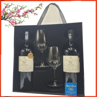 Hộp da 2 chai vang kèm ly vang Elise